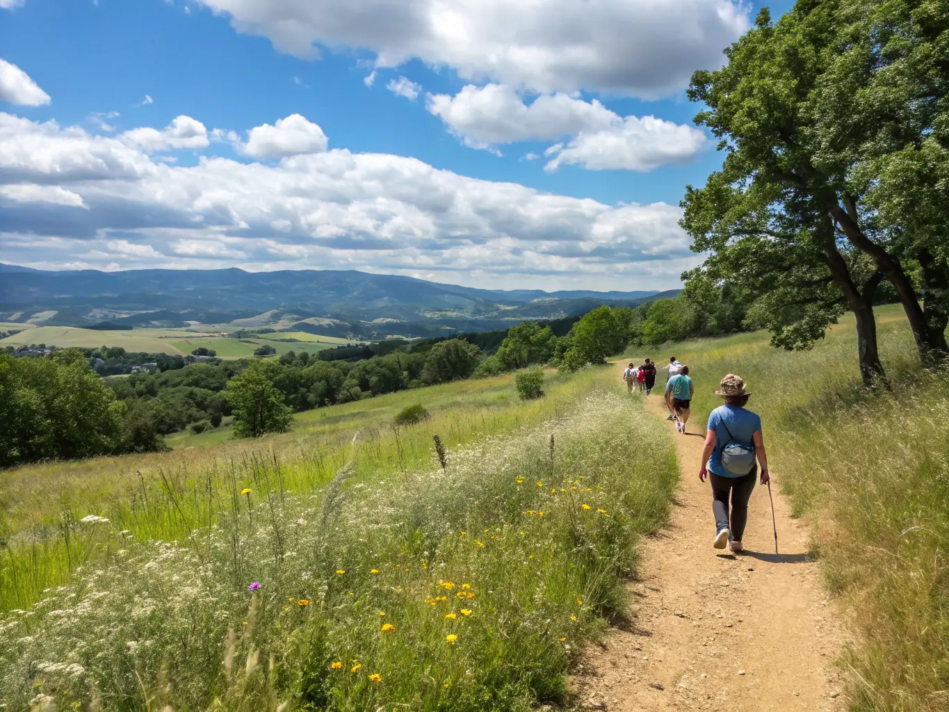 A group of people walking through a forest trail, enjoying the natural surroundings during a CCPN Thiérache VTT nature raid.