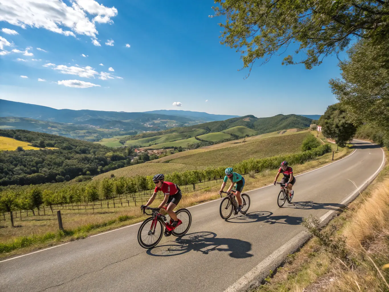 A group of cyclists riding through scenic countryside, with lush greenery and clear skies in the background, participating in a CCPN Thiérache VTT cycling tour.