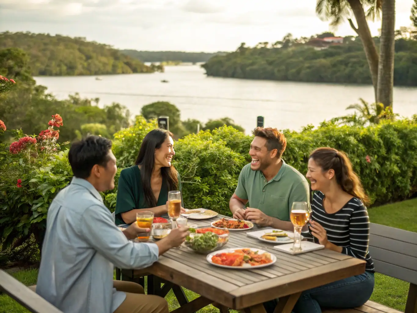 A group of people gathered around a picnic table, enjoying a meal together after a CCPN Thiérache VTT event.