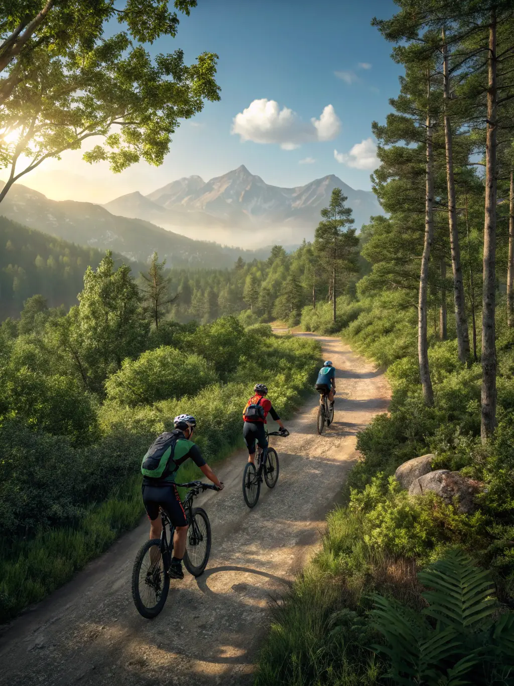 A vibrant photograph capturing a group of cyclists riding through a sun-dappled forest trail, showcasing the thrill and beauty of CCPN Thiérache VTT's cycling tours.